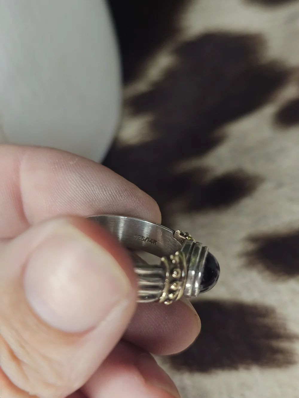 Sterling Silver Black Onyx Ring with 14k Gold - Signed - Size 8.75